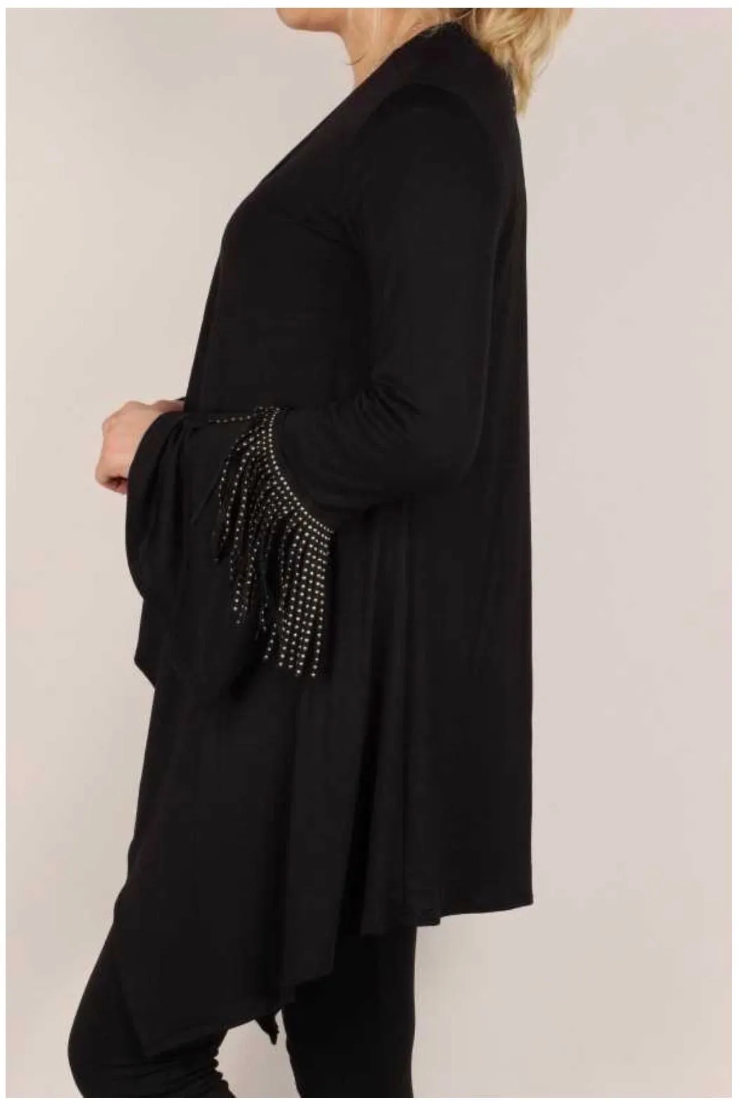 1-45 OT-B {Double Shot} Black Cardigan With Gold Studded Fringe Plus Size 1X 2X 3X