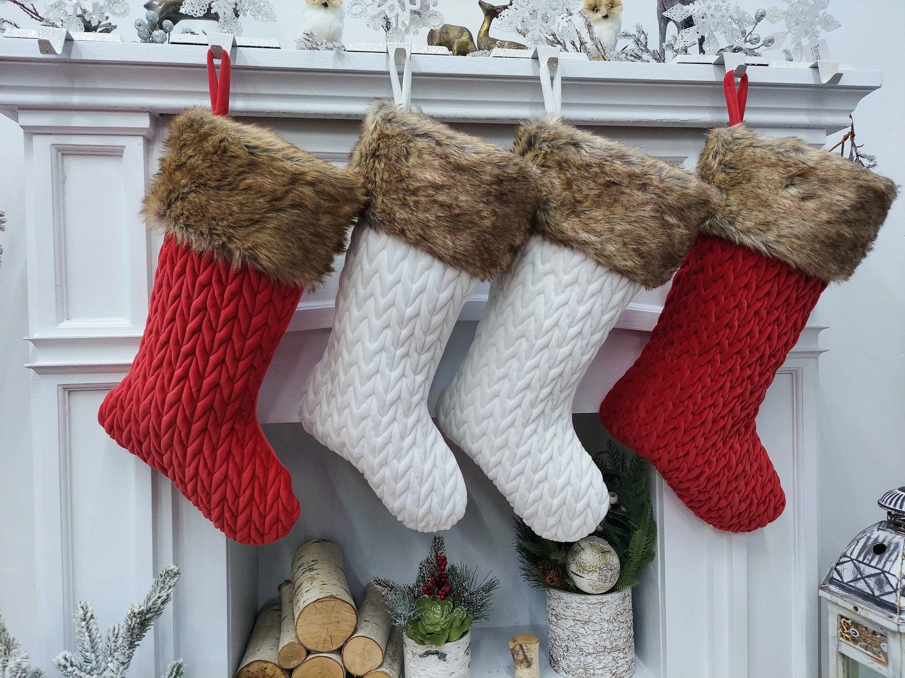 21" Personalized White Ivory Red Chunky Knit Braided Velvet Stocking with Brown Faux Fur Cuff - Classic Xmas Decor - Plush and Super Soft