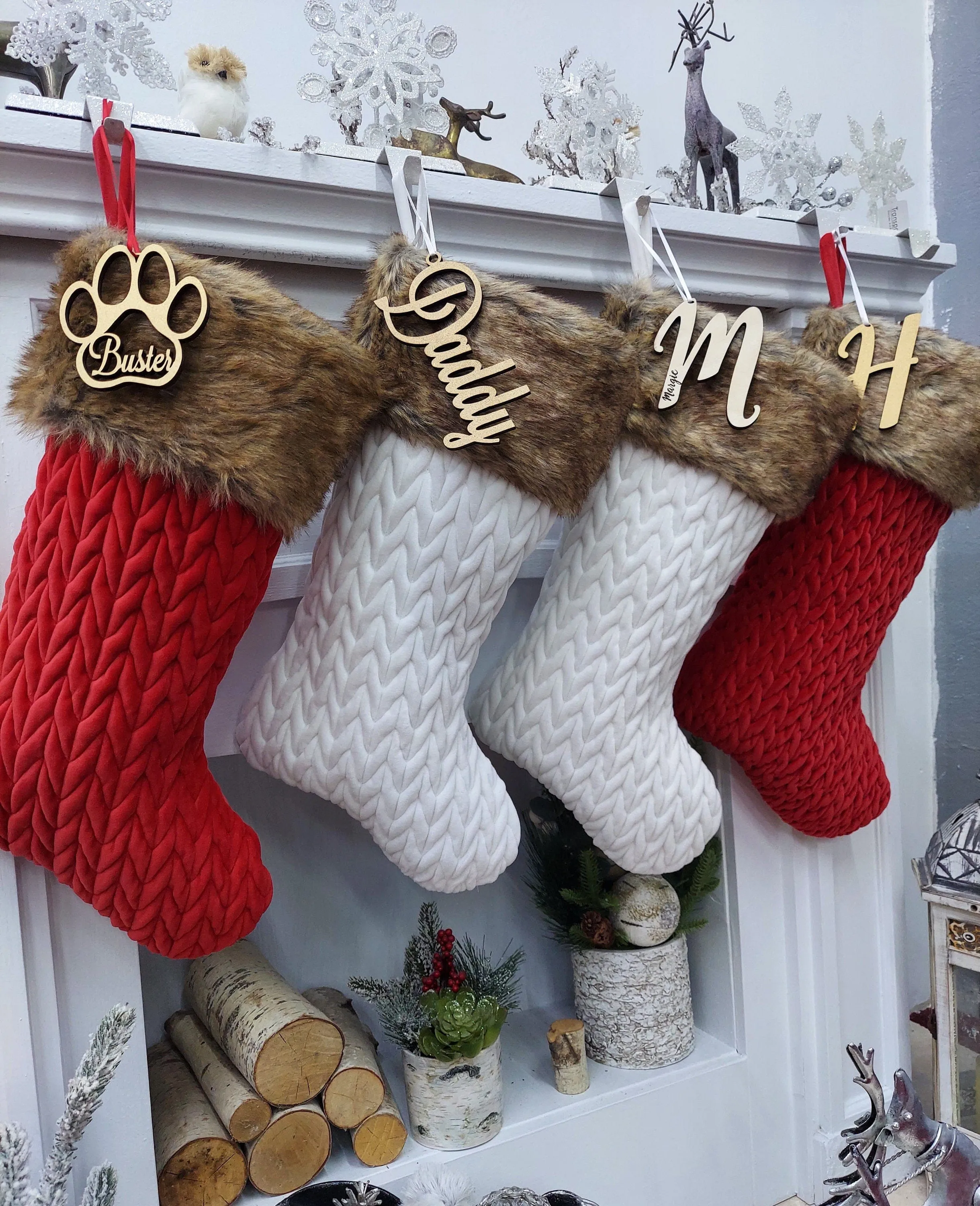21" Personalized White Ivory Red Chunky Knit Braided Velvet Stocking with Brown Faux Fur Cuff - Classic Xmas Decor - Plush and Super Soft
