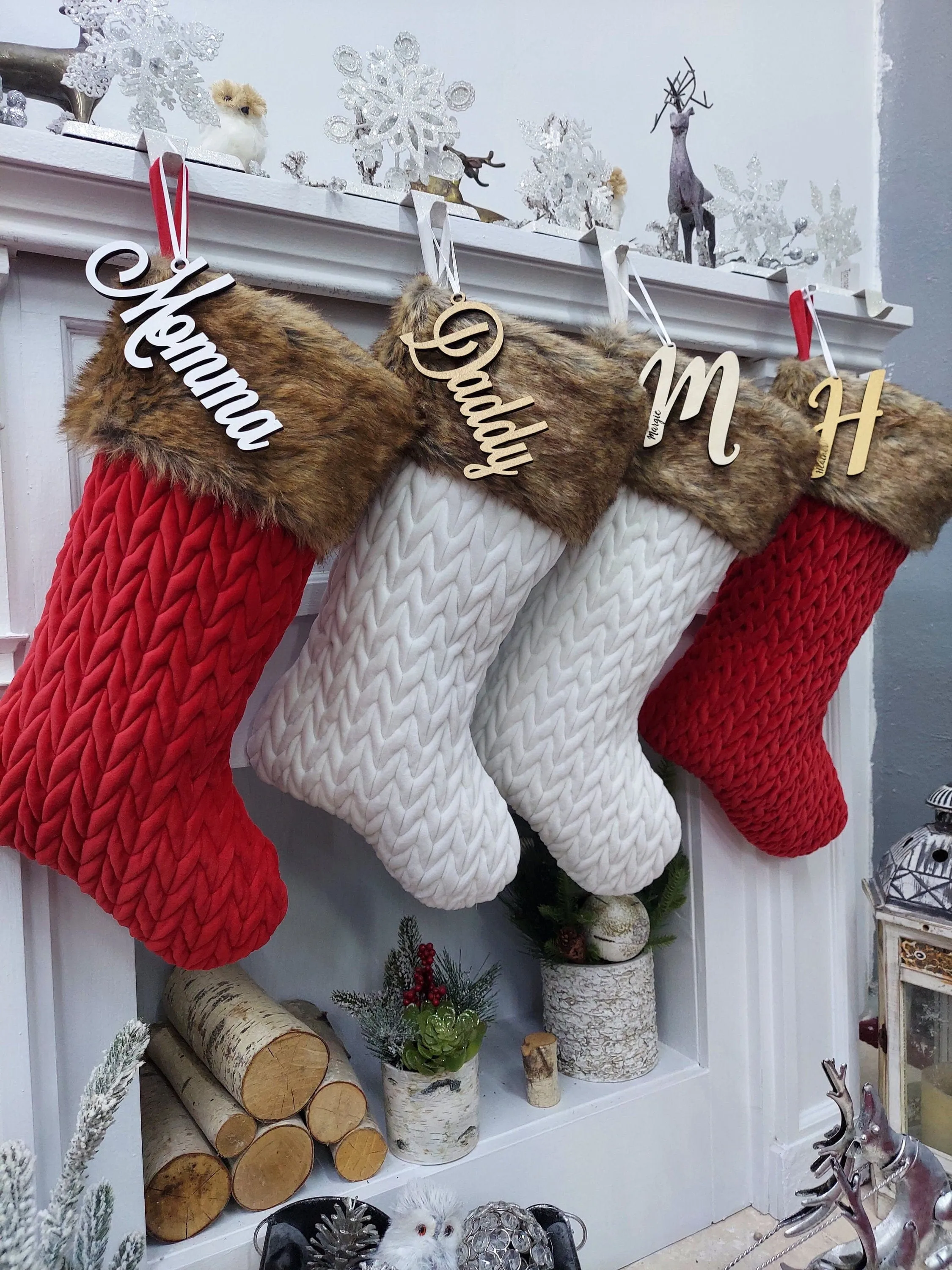 21" Personalized White Ivory Red Chunky Knit Braided Velvet Stocking with Brown Faux Fur Cuff - Classic Xmas Decor - Plush and Super Soft