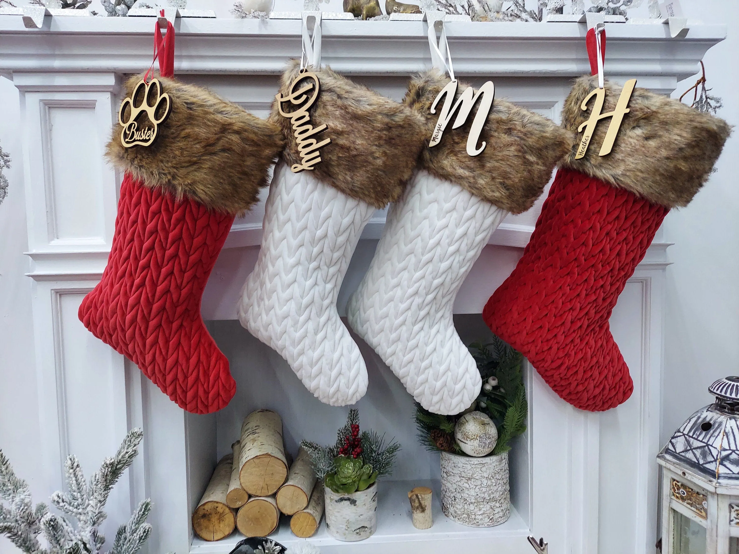 21" Personalized White Ivory Red Chunky Knit Braided Velvet Stocking with Brown Faux Fur Cuff - Classic Xmas Decor - Plush and Super Soft