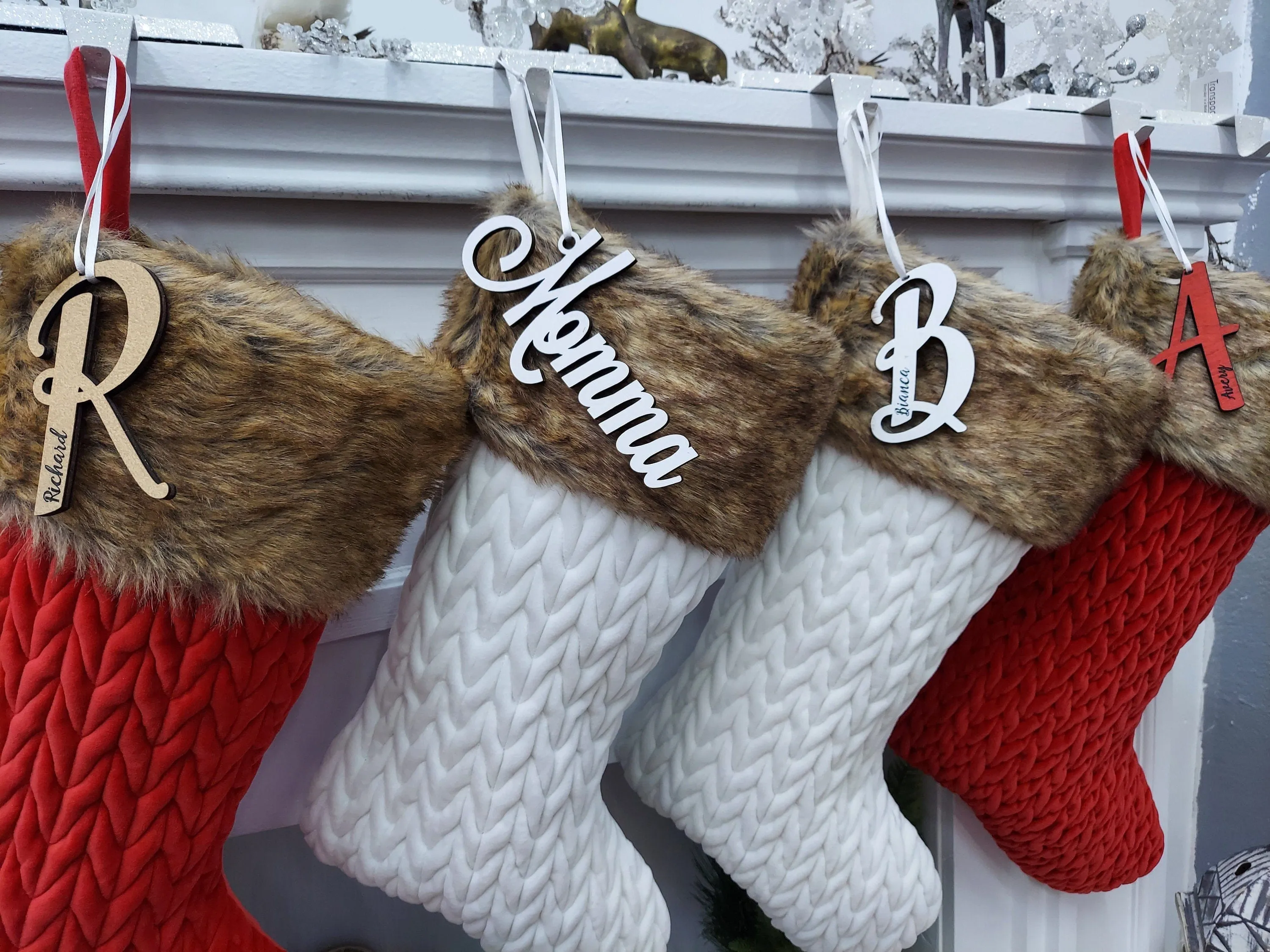 21" Personalized White Ivory Red Chunky Knit Braided Velvet Stocking with Brown Faux Fur Cuff - Classic Xmas Decor - Plush and Super Soft