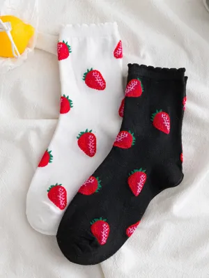 2pairs Red Strawberry Crew Socks for Women Cute Socks Novelty Socks Fun Socks