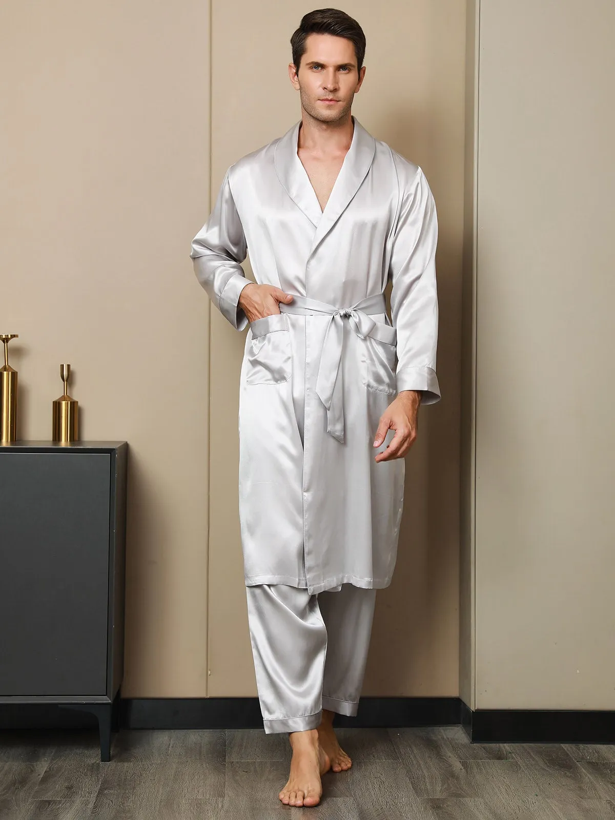 2Pcs Pure Silk Lapel Collar Belted Robe & Pants Set