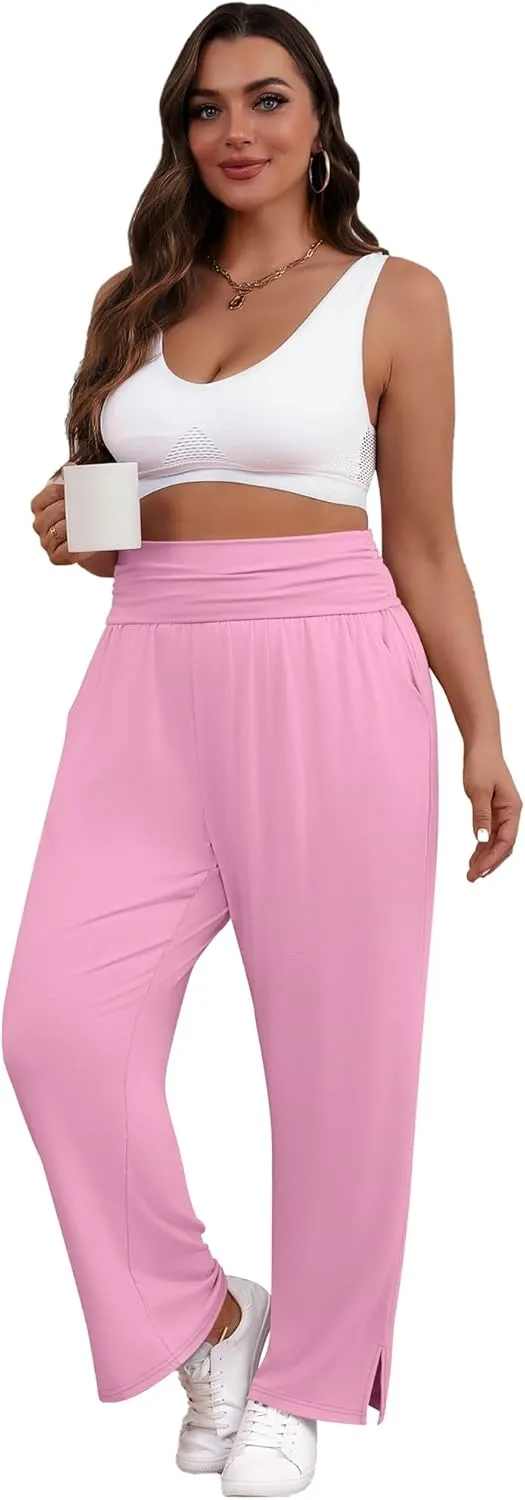 3 Pack Women's Plus Size Pleated Wide Leg Pants, Side Slit Lounge Yoga Pants Casual High Waist Palazzo with Pockets