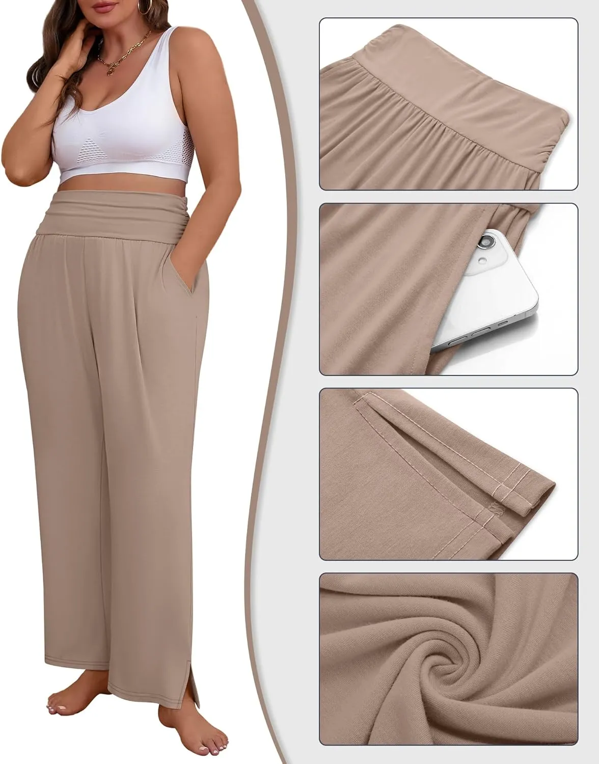 3 Pack Women's Plus Size Pleated Wide Leg Pants, Side Slit Lounge Yoga Pants Casual High Waist Palazzo with Pockets