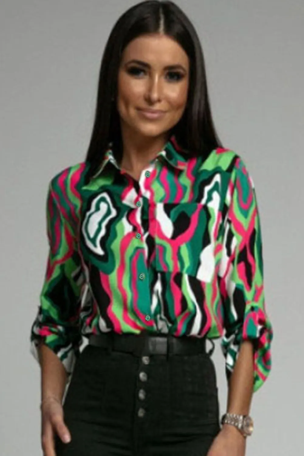 Abstract Print Roll-tab Sleeve Chest Pocket Shirt - 2 styles