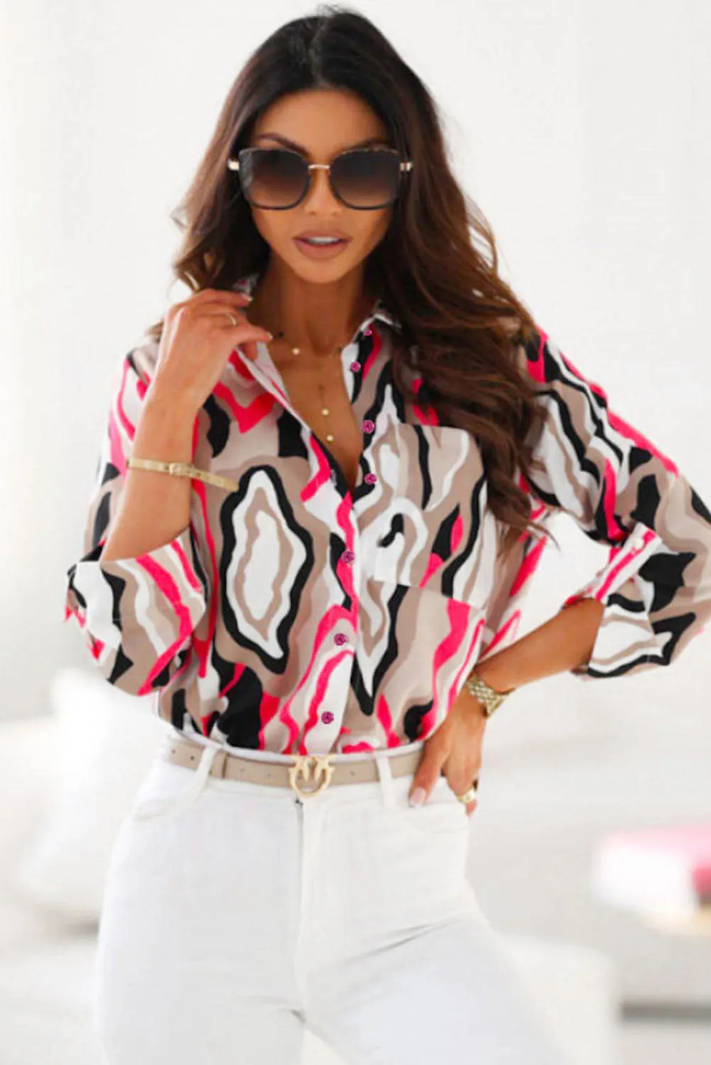 Abstract Print Roll-tab Sleeve Chest Pocket Shirt - 2 styles