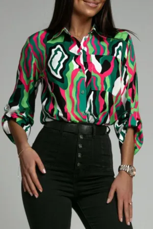 Abstract Print Roll-tab Sleeve Chest Pocket Shirt - 2 styles