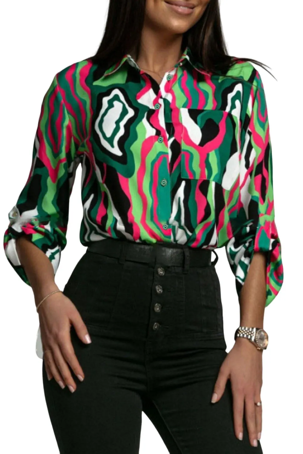Abstract Print Roll-tab Sleeve Chest Pocket Shirt - 2 styles