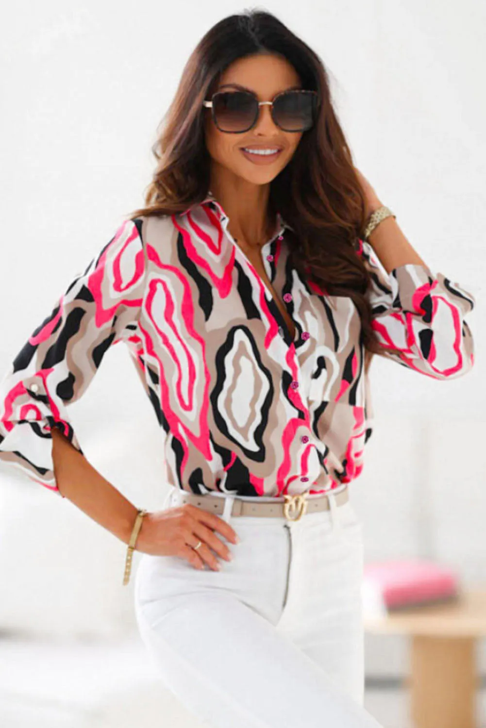 Abstract Print Roll-tab Sleeve Chest Pocket Shirt - 2 styles