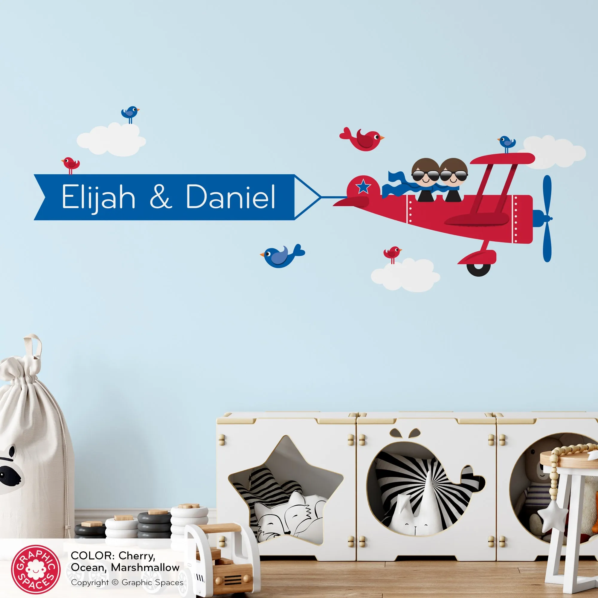 Airplane Brothers Name Banner Fabric Wall Decal