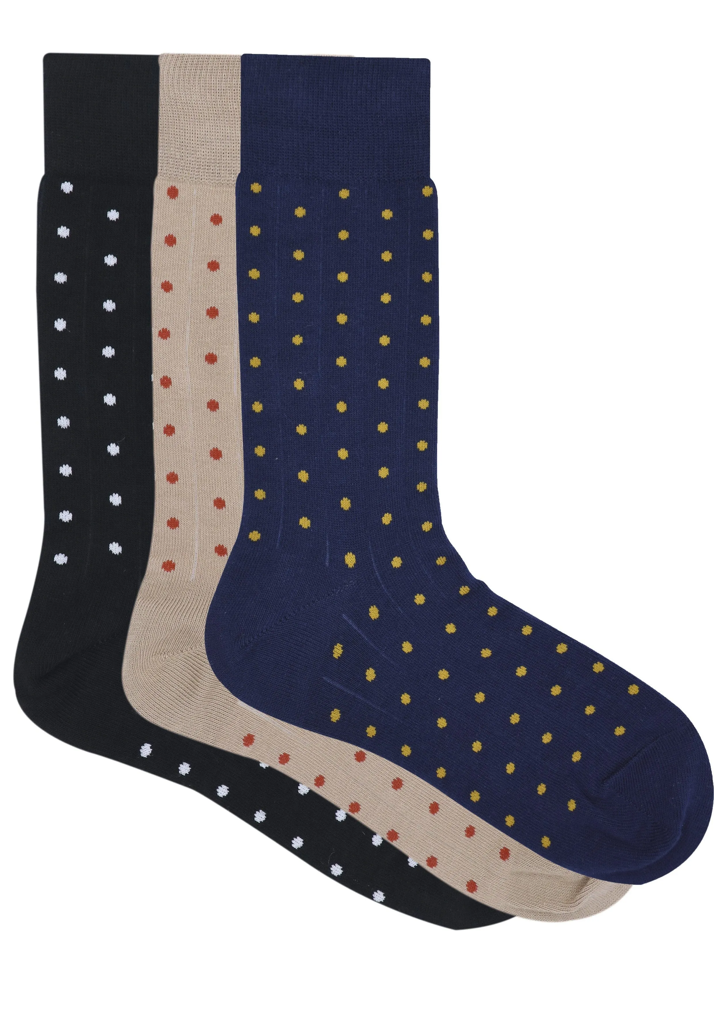 Balenzia Men's Polka Pattern Cotton Calf length socks- (Pack of 3 Pairs/1U)( Black,Beige,Navy)