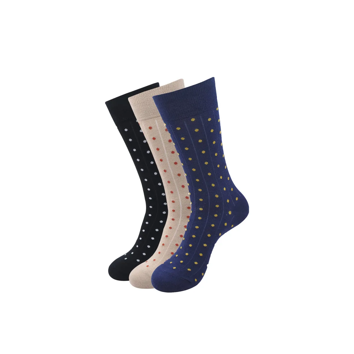 Balenzia Men's Polka Pattern Cotton Calf length socks- (Pack of 3 Pairs/1U)( Black,Beige,Navy)