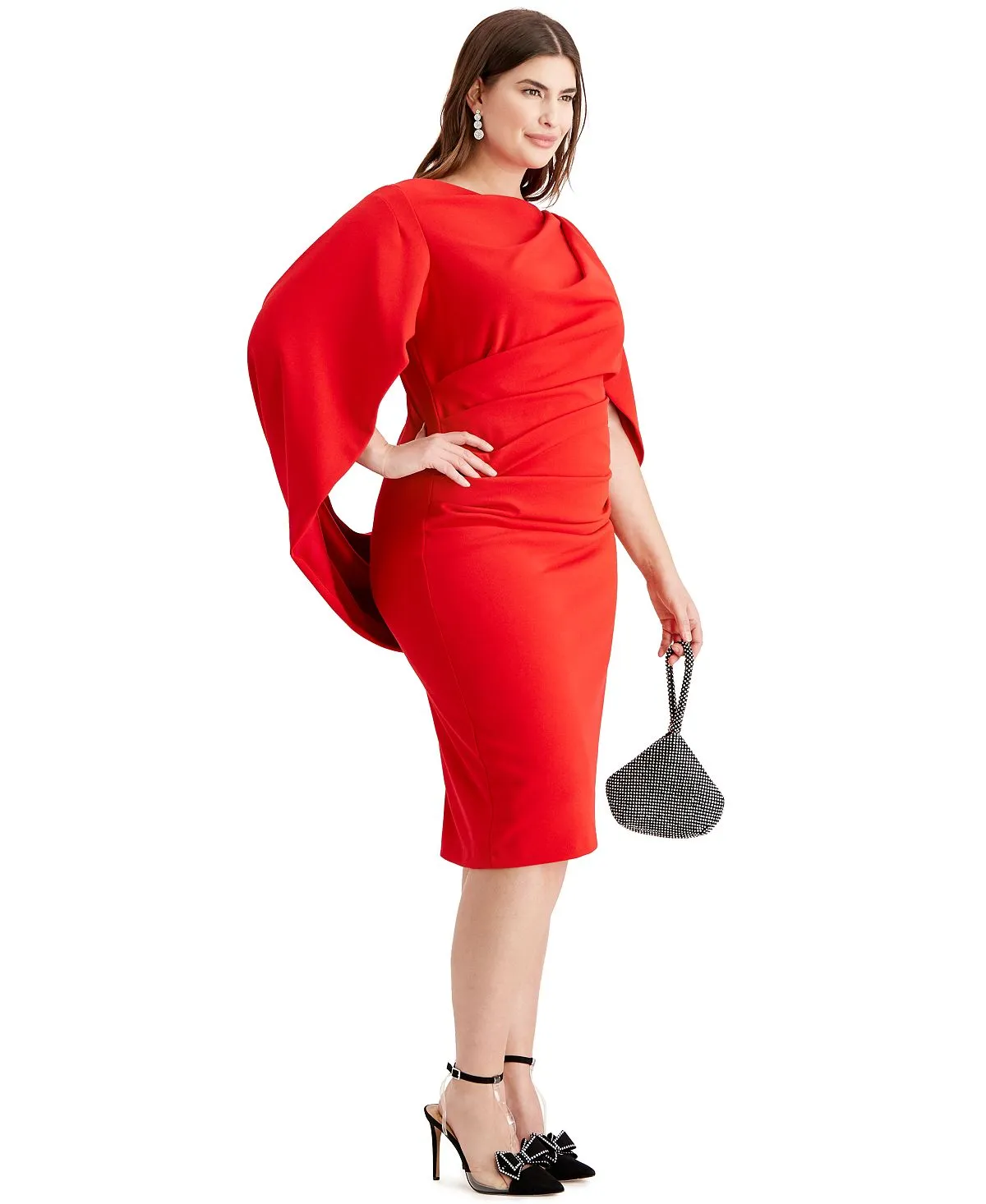 Betsy & Adam Plus Size Pleated Cape Dress, Red