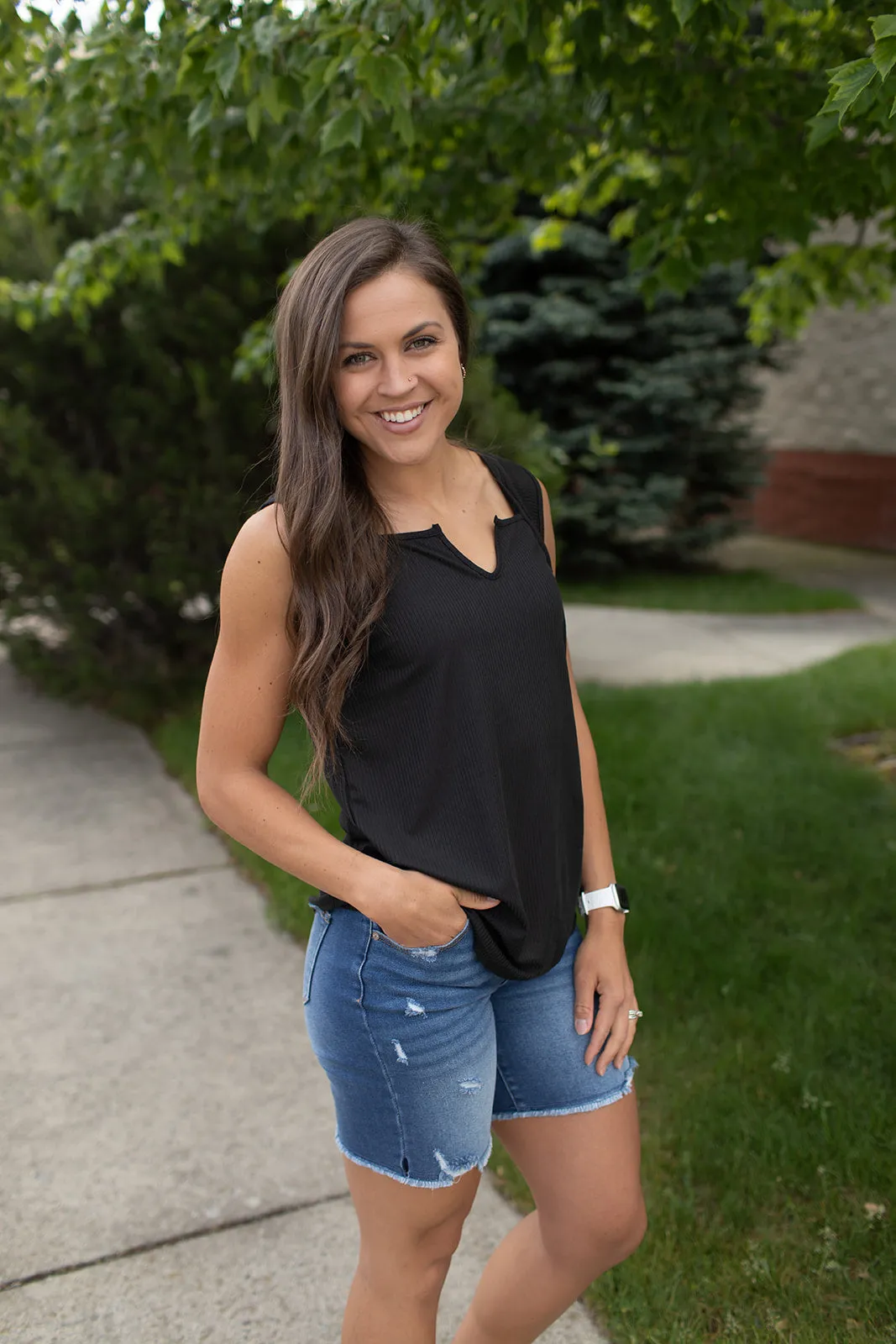 Black Ribbed Notched Neck Tank (SM-3X)