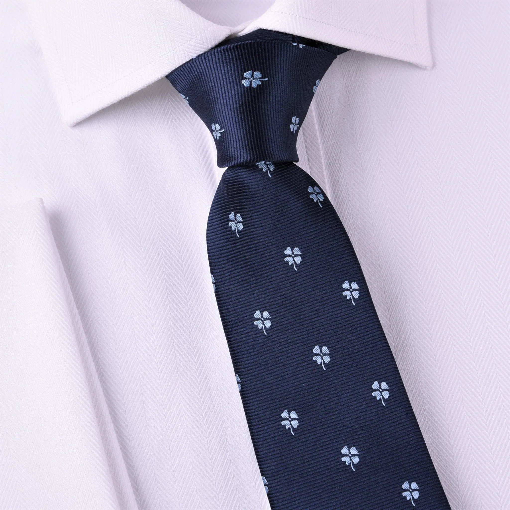 Blue Lucky 4 Leaf Clover Designer Luxury Woven Tie 3"