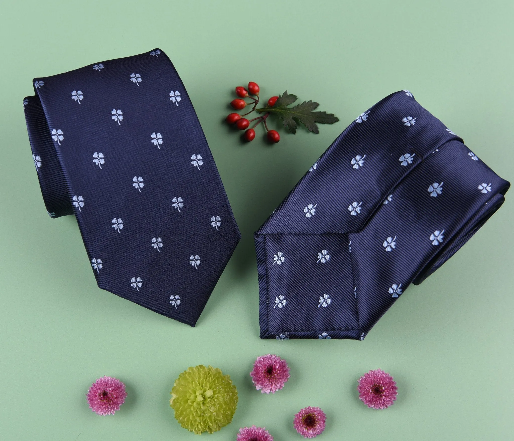 Blue Lucky 4 Leaf Clover Designer Luxury Woven Tie 3"