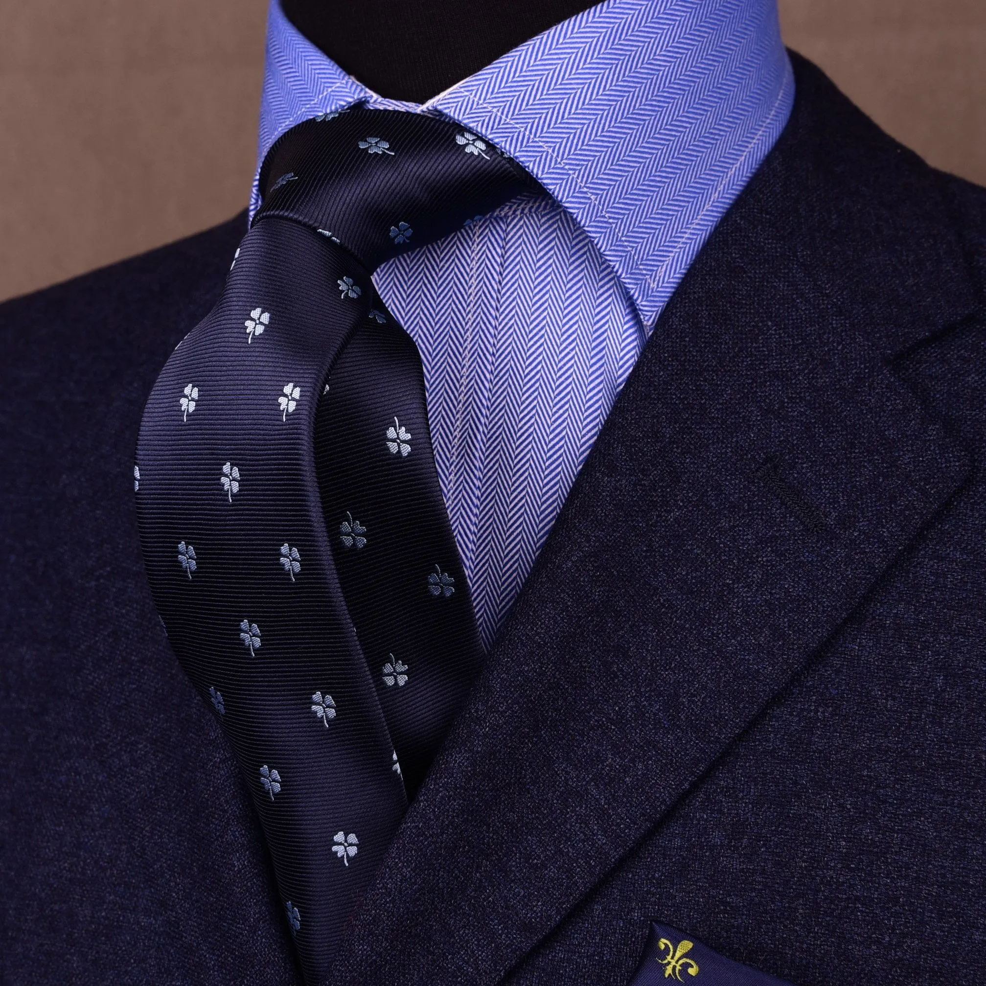 Blue Lucky 4 Leaf Clover Designer Luxury Woven Tie 3"
