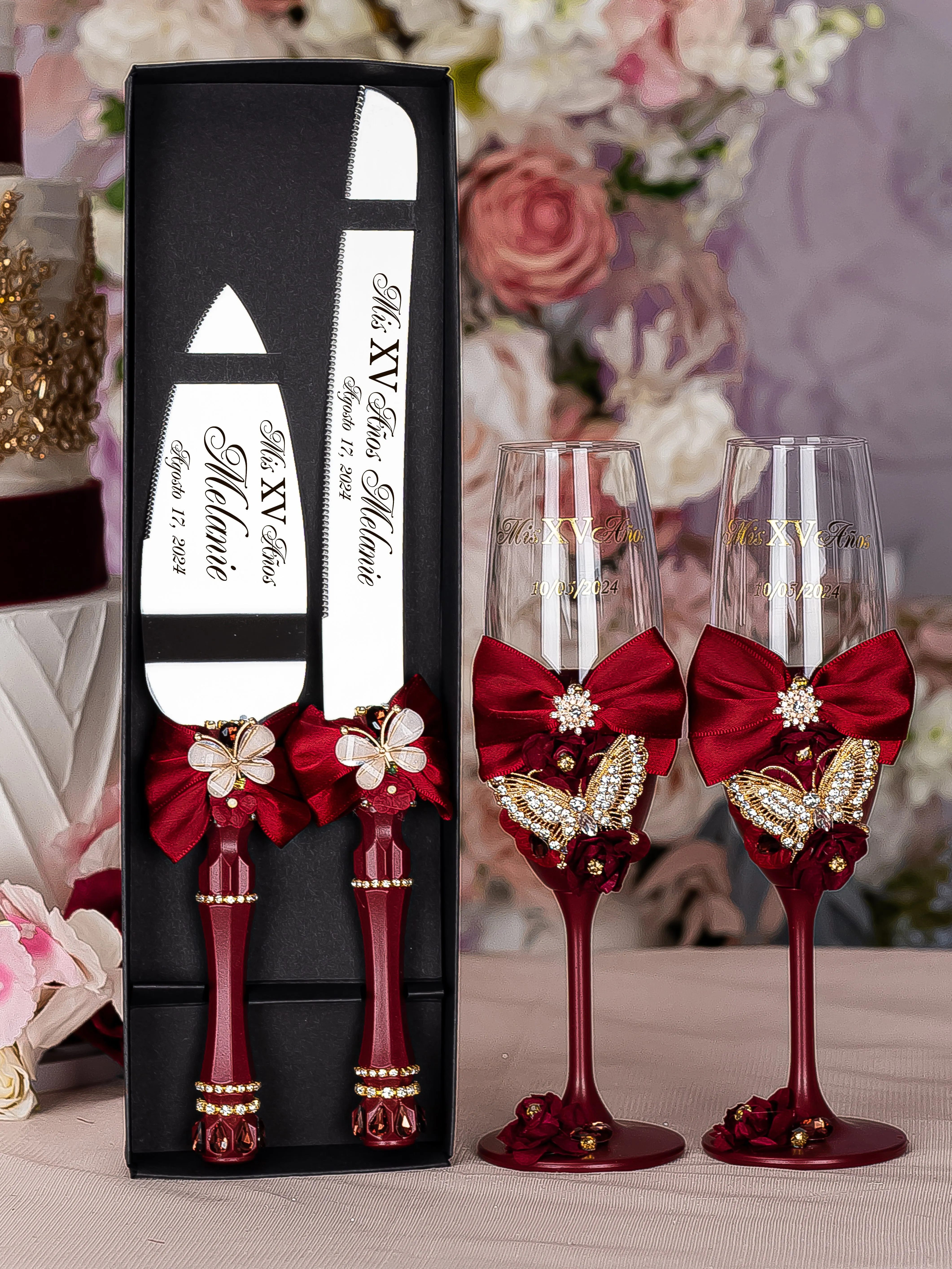 Burgundy with butterflies quinceanera cake knife set with 2 glasses