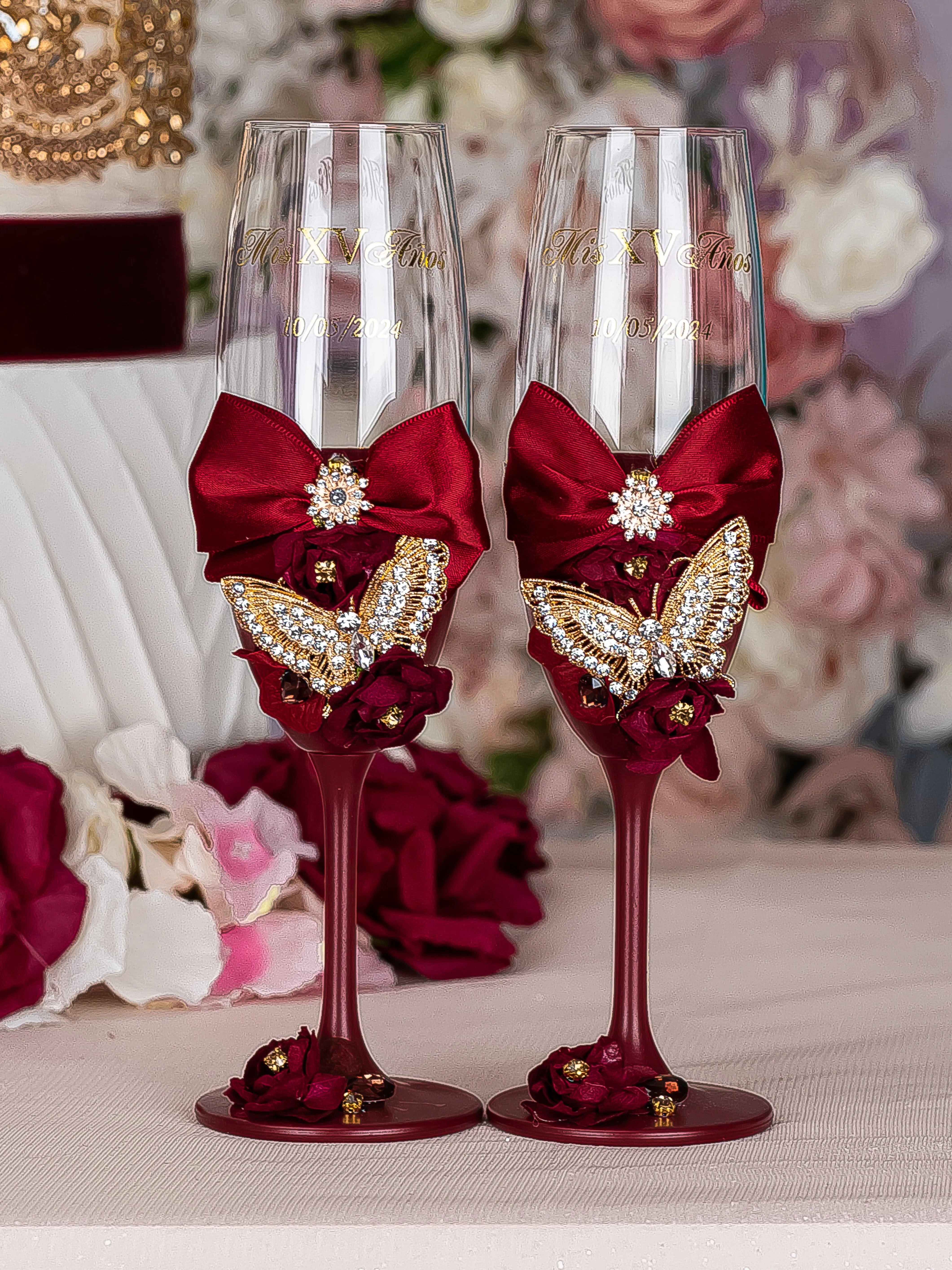 Burgundy with butterflies quinceanera cake knife set with 2 glasses