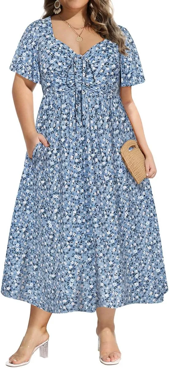 CARCOS Plus Size Dresses for Curvy Women Tie Sweetheart Neck Summer Maxi Dress Short Sleeve Empire Waist Floral Boho Dress