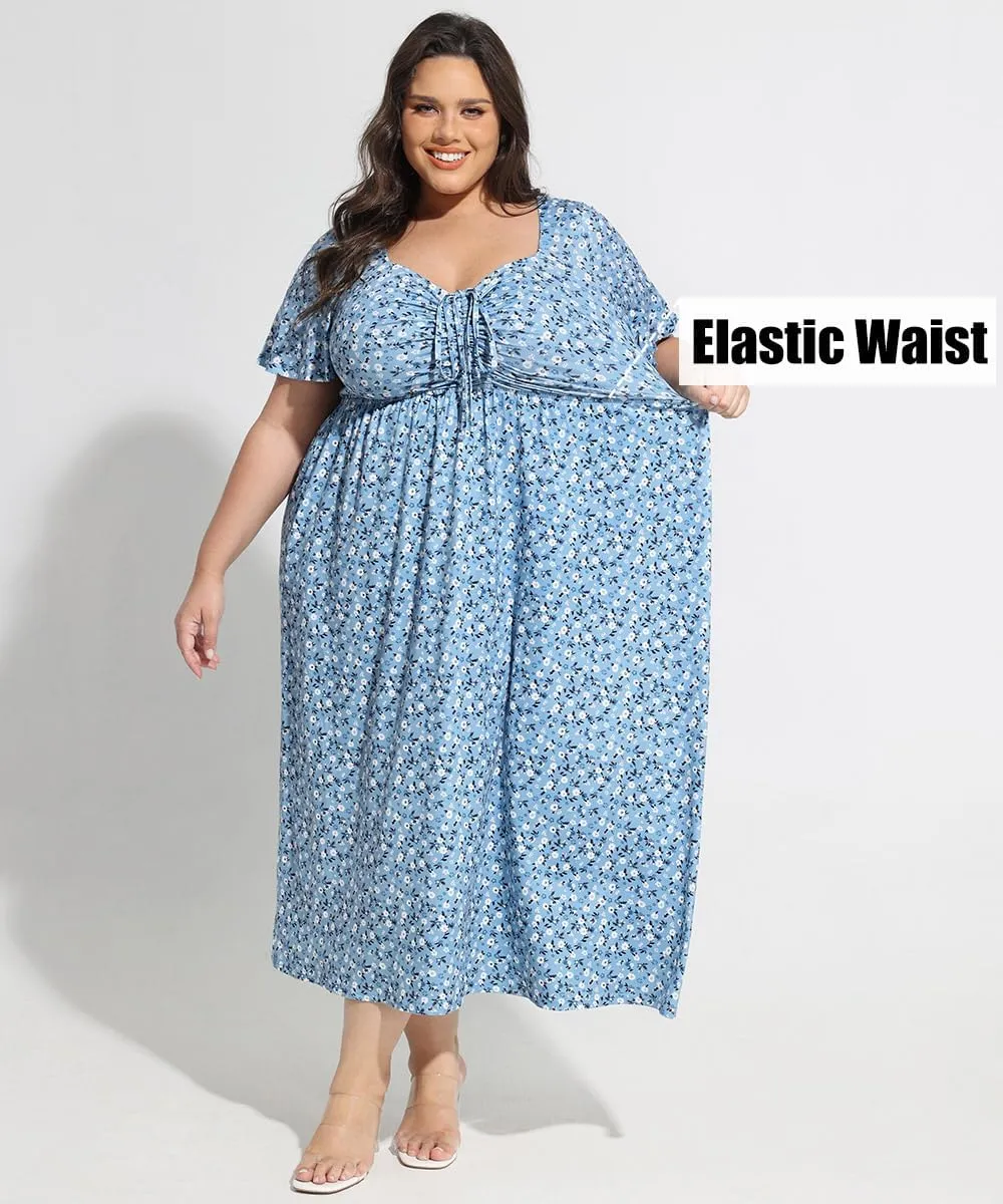 CARCOS Plus Size Dresses for Curvy Women Tie Sweetheart Neck Summer Maxi Dress Short Sleeve Empire Waist Floral Boho Dress
