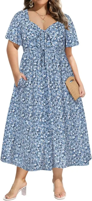 CARCOS Plus Size Dresses for Curvy Women Tie Sweetheart Neck Summer Maxi Dress Short Sleeve Empire Waist Floral Boho Dress