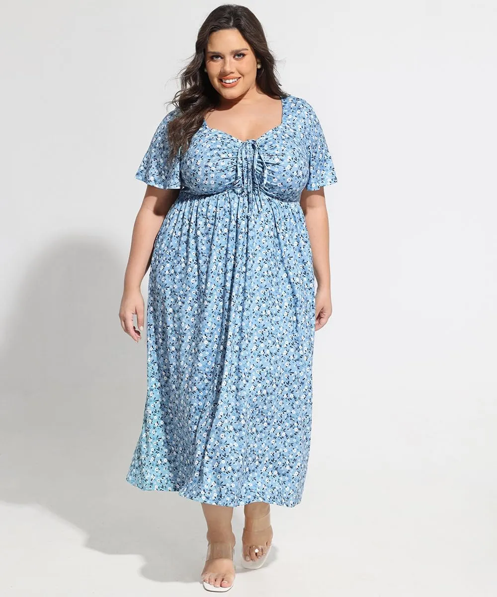 CARCOS Plus Size Dresses for Curvy Women Tie Sweetheart Neck Summer Maxi Dress Short Sleeve Empire Waist Floral Boho Dress