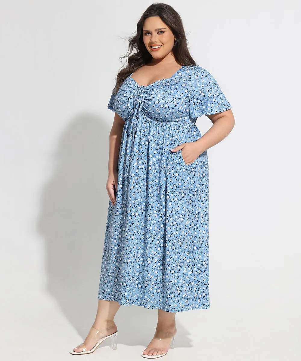 CARCOS Plus Size Dresses for Curvy Women Tie Sweetheart Neck Summer Maxi Dress Short Sleeve Empire Waist Floral Boho Dress