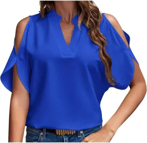 Cold Shoulder Tops for Women Summer Dressy Short Sleeve V Neck Cut Out Casual Shirt Loose Plain Open Blouse