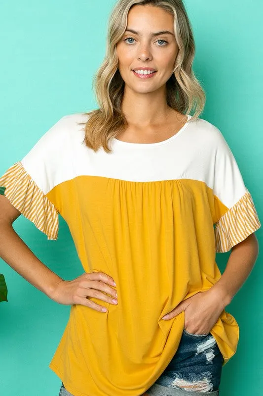 Color Block Striped Ruffle Sleeve Babydoll Top