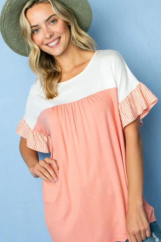 Color Block Striped Ruffle Sleeve Babydoll Top