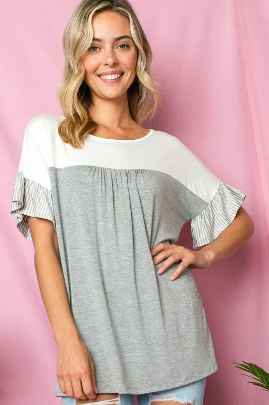 Color Block Striped Ruffle Sleeve Babydoll Top