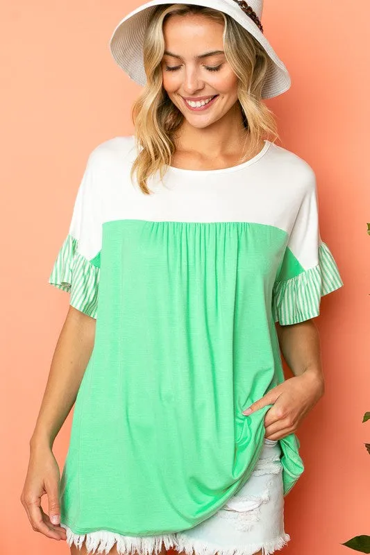 Color Block Striped Ruffle Sleeve Babydoll Top