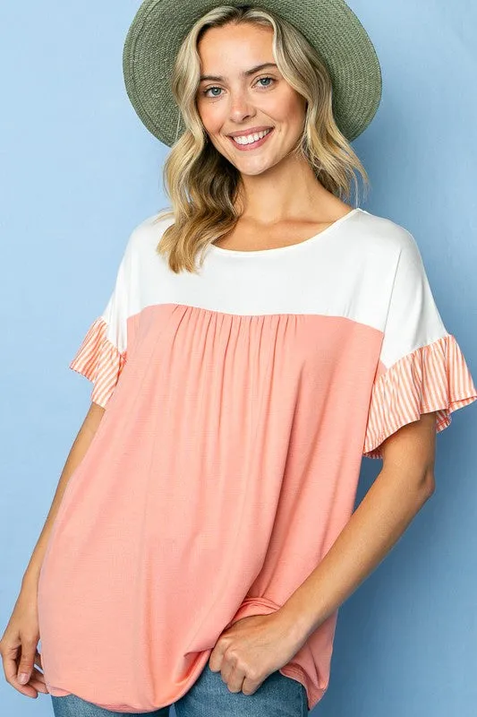 Color Block Striped Ruffle Sleeve Babydoll Top