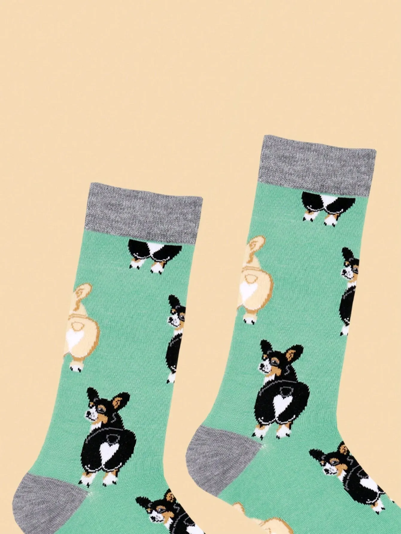Corgi Dog Pattern Green Crew Socks for Men Fun Socks Funky Socks Novelty Socks