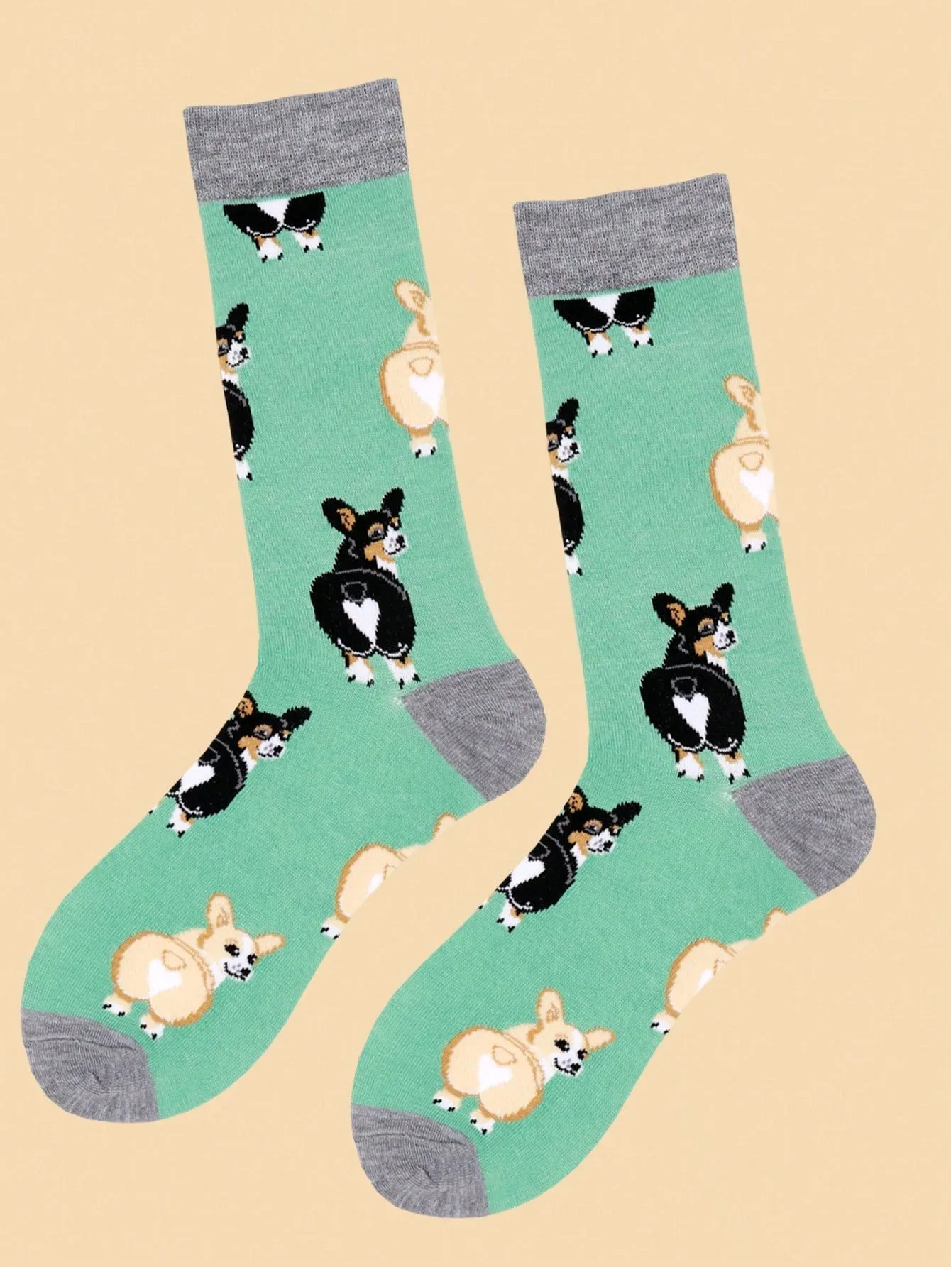 Corgi Dog Pattern Green Crew Socks for Men Fun Socks Funky Socks Novelty Socks