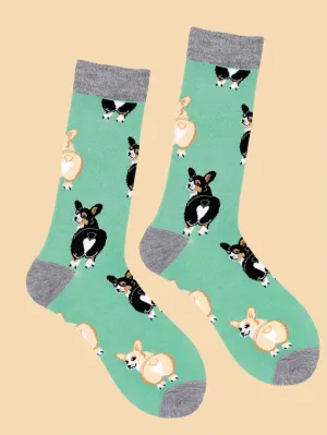 Corgi Dog Pattern Green Crew Socks for Men Fun Socks Funky Socks Novelty Socks
