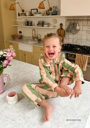 Cotton Kids Pyjamas in Green Stripe