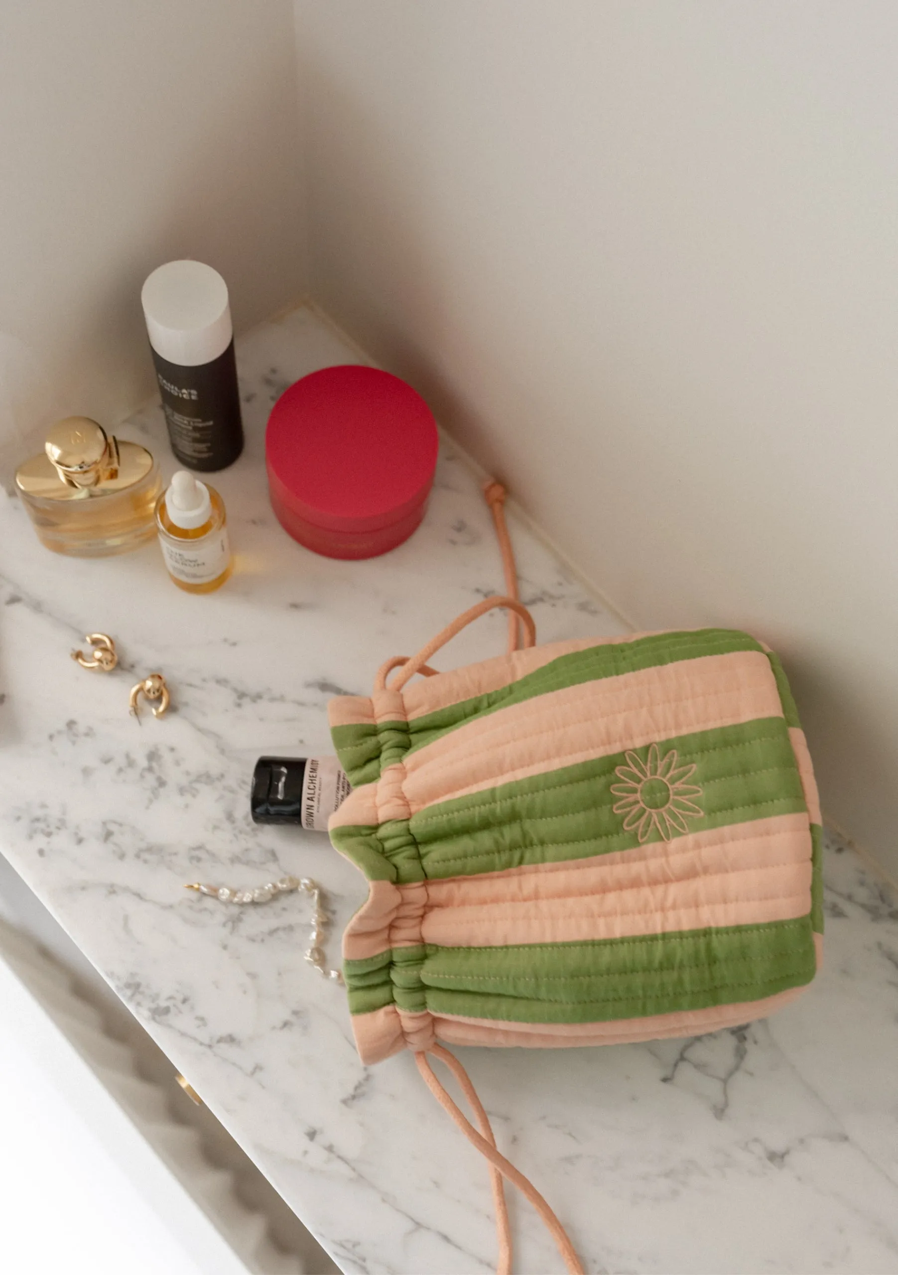 Cotton Wash Bag in Green Stripe