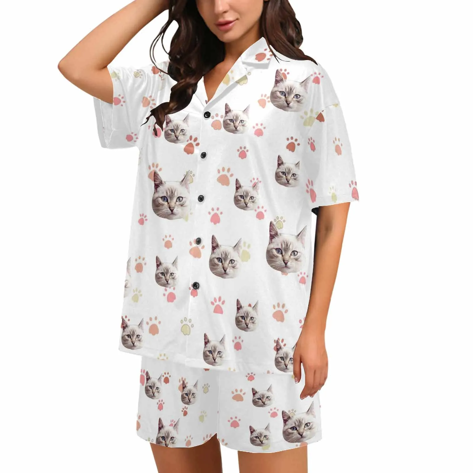 Custom Face My Cat Loungewear Personalized Photo Sleepwear Women's V-Neck Short Pajama Set