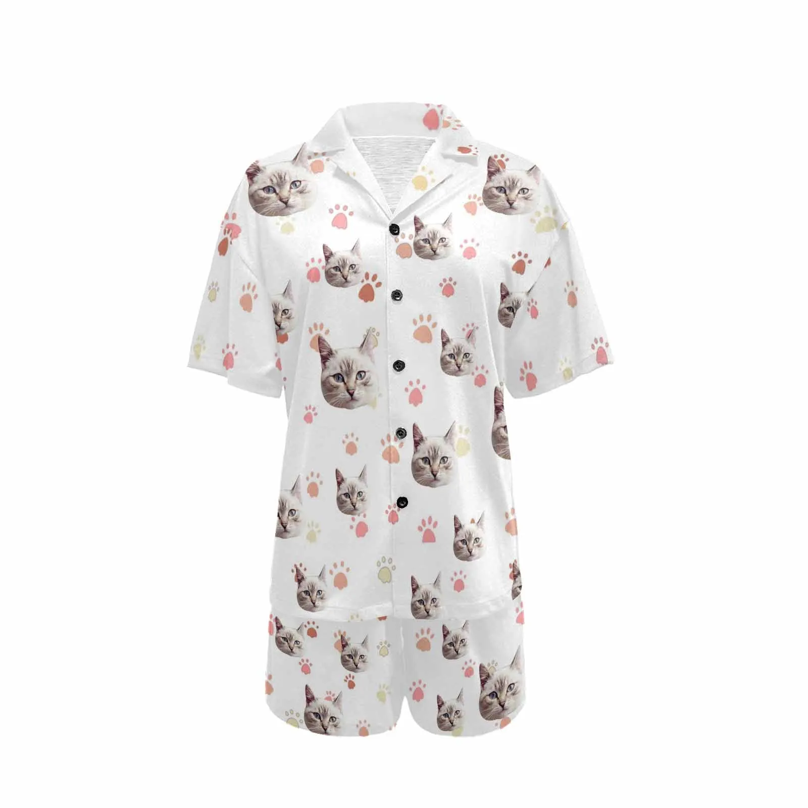 Custom Face My Cat Loungewear Personalized Photo Sleepwear Women's V-Neck Short Pajama Set