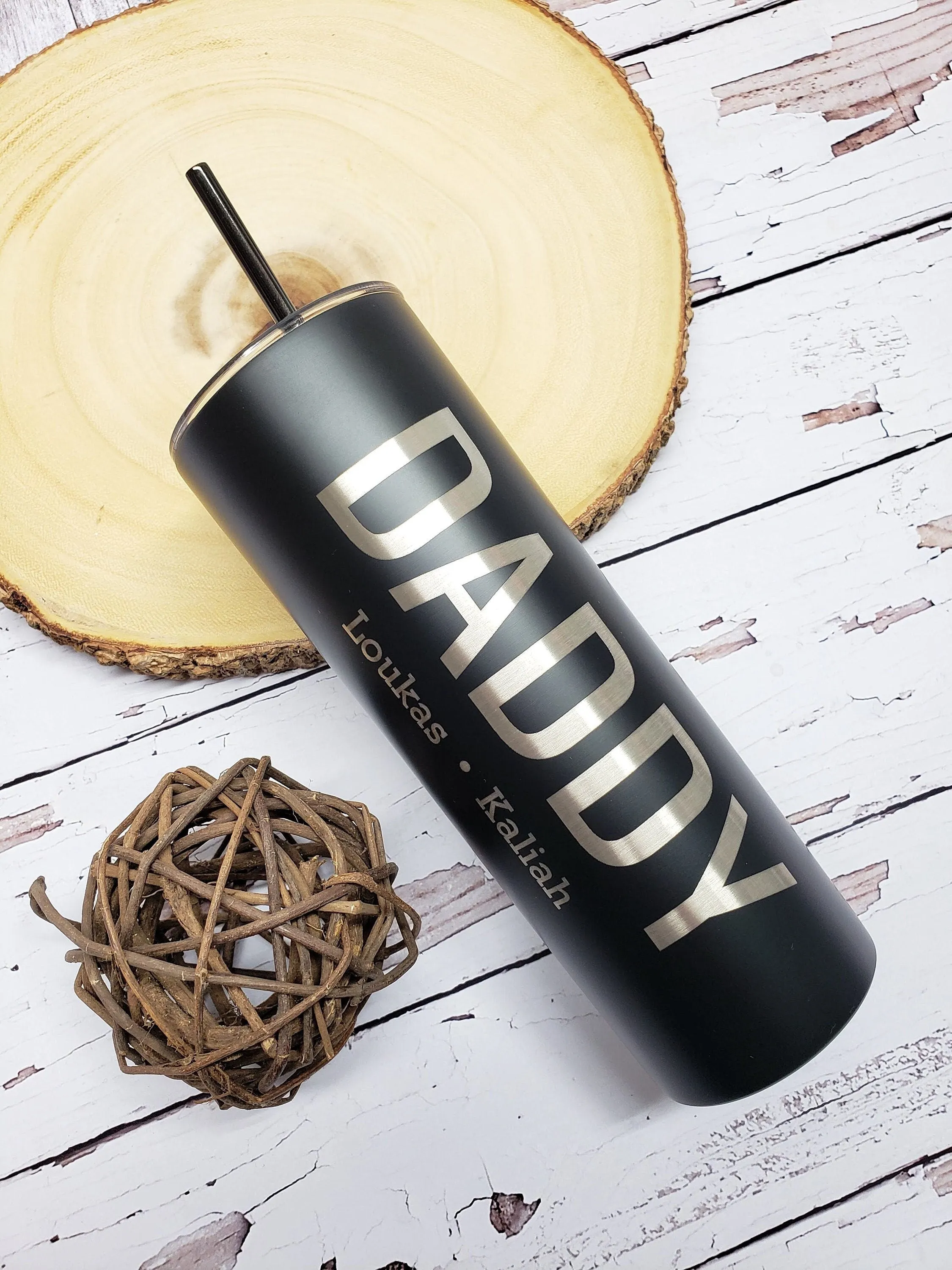 Daddy with Kids Names Laser Engraved Matte Black Tumbler