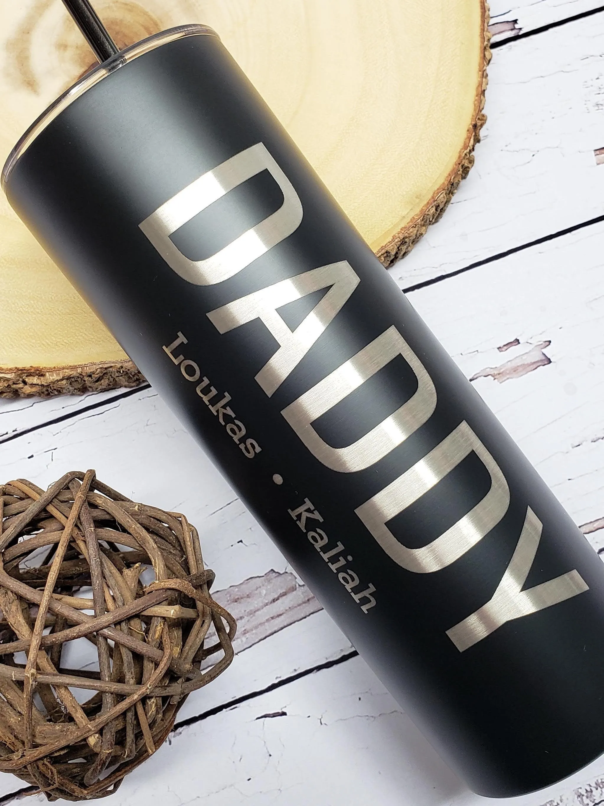 Daddy with Kids Names Laser Engraved Matte Black Tumbler