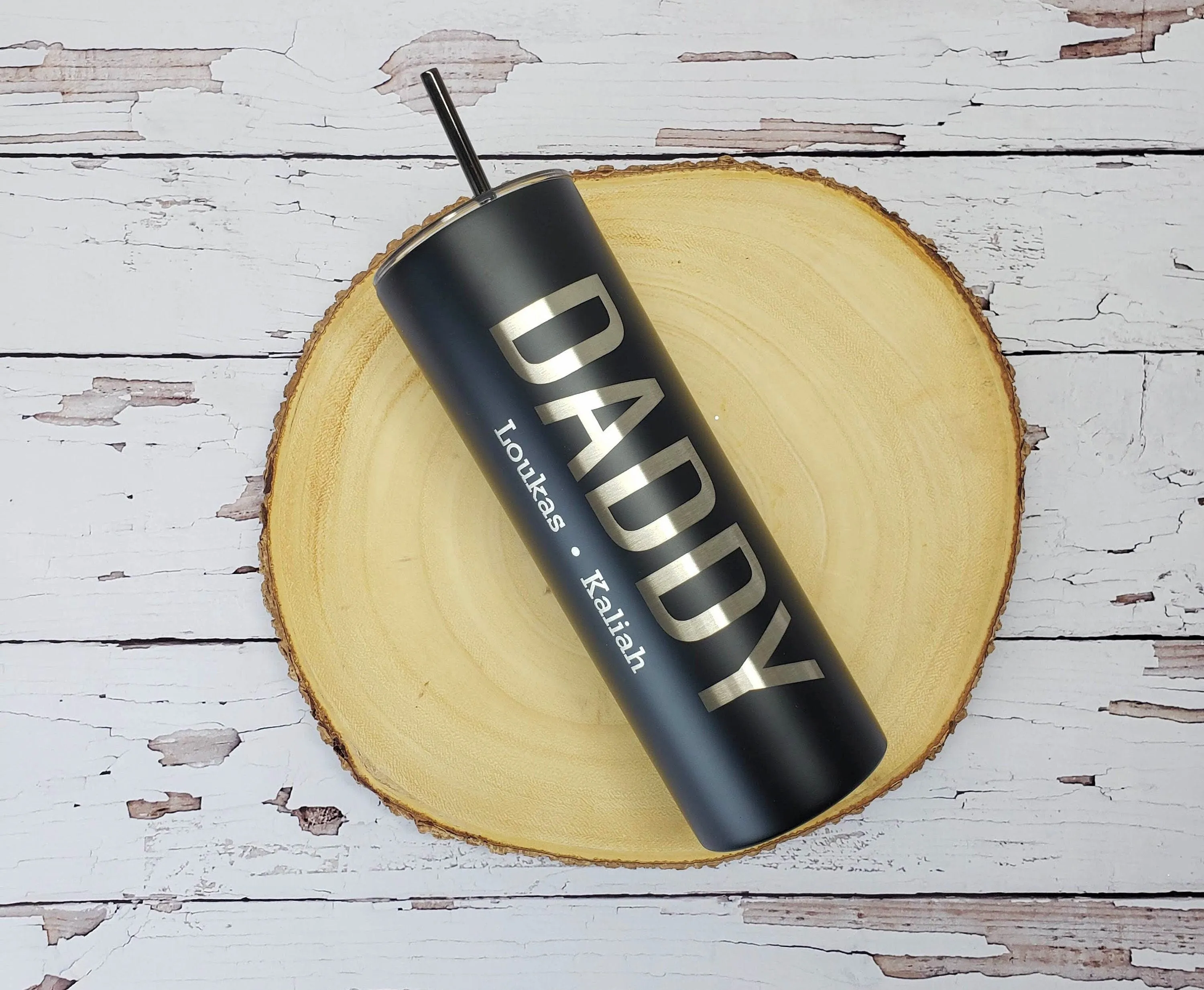Daddy with Kids Names Laser Engraved Matte Black Tumbler