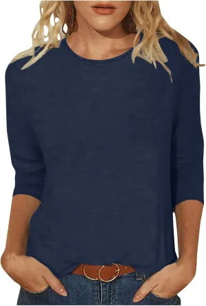 DASAYO Womens 3/4 Sleeve Shirts Crewneck Shinny Sequin Print Fashion 2024 Loose Fit Plus Size Glitter Tops for Women