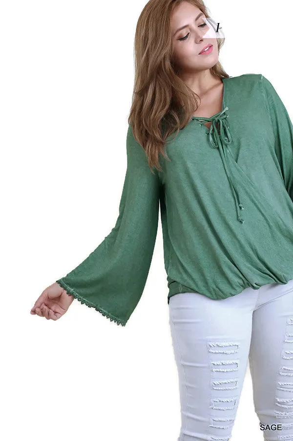 Drawstring Neckline Bell Sleeve Top, Sage