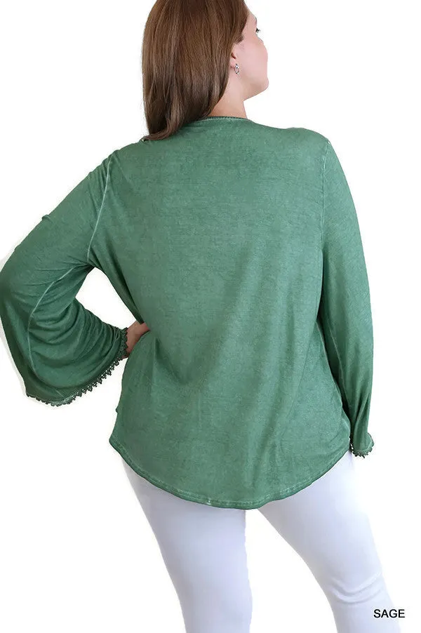 Drawstring Neckline Bell Sleeve Top, Sage