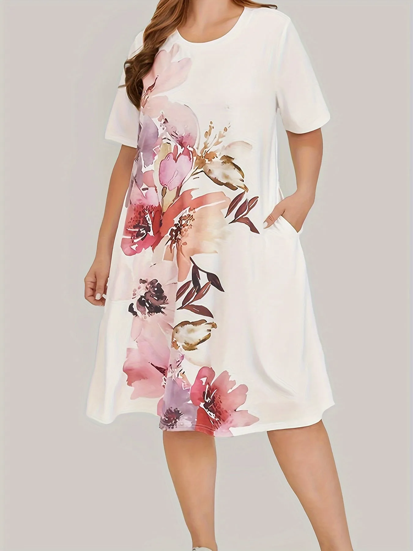 Floral Plus Size Women's Elegant Lounge Dress with Pocket Detail